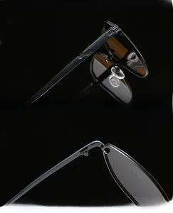 Detail of quality combo kit hinge and UV protection lenses on black metal sunglasses