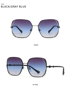 Front and side view of square sunglasses with black frames and gold metal trim detail