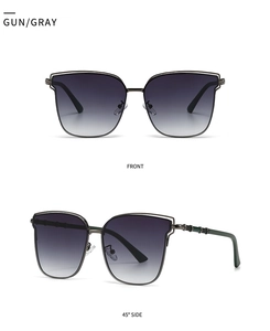 Front and side view of gunmetal square sunglasses with gray gradient lenses