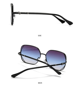 Detail view showing the side and back profiles of black metal frame sunglasses with gradient lenses