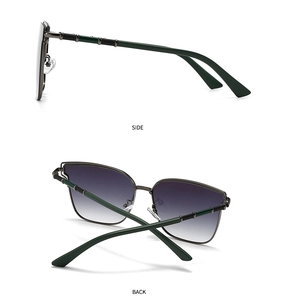 Detail view showing the metallic side hinge and gradient lenses of retro sunglasses