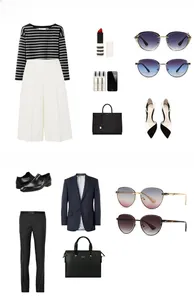 Flat lay of retro narrow sunglasses with luxury business attire and fashion accessories