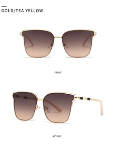 Front and 45-degree side views of gold butterfly sunglasses with tea yellow gradient lenses