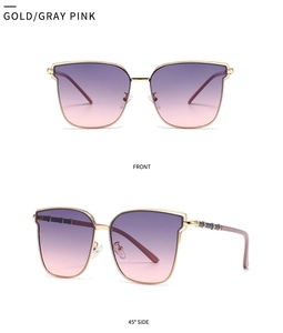 Front and side view of gold square sunglasses with gray pink gradient lenses