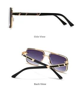 Vue détaillée des lunettes de soleil dorées avec branches géométriques noires et profil
