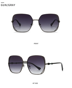 Front and side view of gunmetal square sunglasses with dark gray gradient lenses