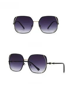 Front and side macro views of black square sunglasses with gold metal trim and purple lenses