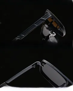 Détail des verres renforcés et charnières métalliques sur lunettes de soleil noires
