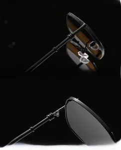 Detail view of reinforced UV protection lenses and smooth metal hinges of slim sunglasses