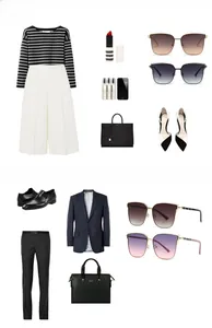 Fashion guide showing retro sunglasses paired with elegant striped outfits and accessories