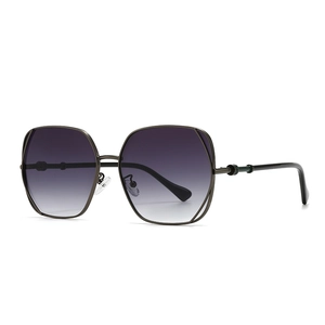 Modern square sunglasses with gunmetal frames and gradient purple lenses in a front view