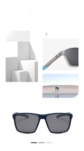 Detail of dark blue matte square frames with stylish arrow accents and non-slip temples