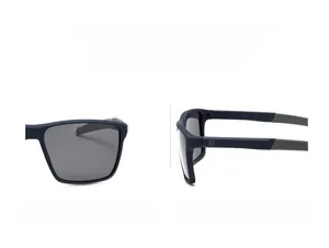 Detail view of matte square polarized sunglasses with white arrow logo on the temple
