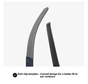 Detail view of ergonomic non-slip matte temples in grey and deep blue color contrast