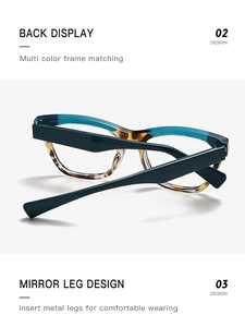 Détail des branches à noyau métallique et de la monture rétro bleu-vert des lunettes