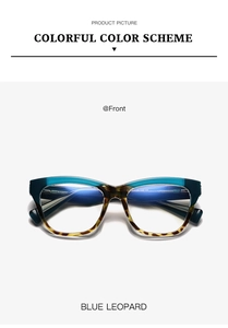 Vue de face de lunettes anti-lumière bleue bleues et léopard avec branches en PC