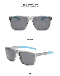 Detail of matte transparent grey frame sunglasses with polarized lenses and blue accents