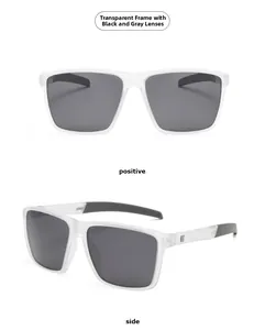 Front and side views of frosted transparent square sunglasses with black grey lenses