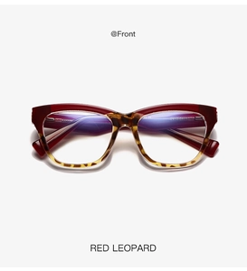 Vue frontale de lunettes anti-lumière bleue œil de chat avec monture rouge et léopard