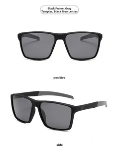 Front and side views of square polarized sunglasses with black frame and grey temples