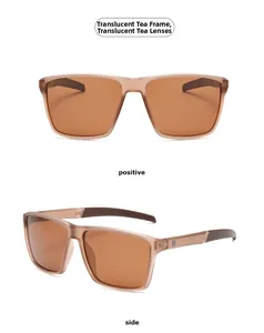 Detail view of transparent tea square sunglasses with mixed-color temples and polarized lenses