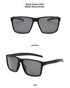 Front and side views of square matte black polarized sunglasses with dark gray lenses