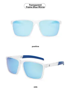 Detail of transparent frosted frames with blue mirrored lenses and anti-slip pads