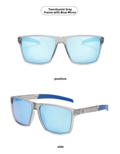 Detailed front and side views of transparent grey square frame sunglasses with blue mirrored lenses