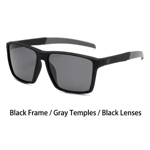 Classic square matte black polarized sunglasses with grey accents shown from a 45-degree angle