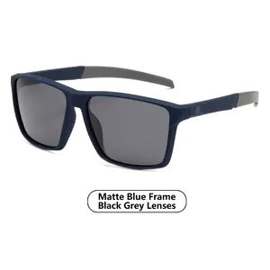 Modern retro square sunglasses with sand blue matte frame and dark grey polarized lenses