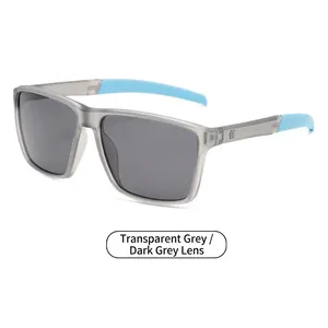 Retro square polarized sunglasses with transparent grey frames and blue ear tips