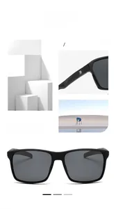 Detail view of square oversized polarized sunglasses with matte black frames and white stripes