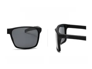 Detail view of matte black square frame sunglasses featuring arrow logo on temples