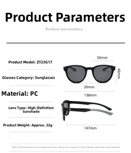 Detailed size specifications for classic round polarized sunglasses with frame dimensions