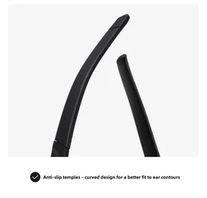 Close-up of matte black sunglasses temples featuring ergonomic curved anti-slip design