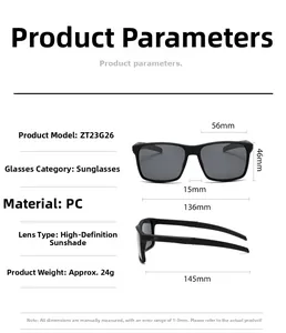 Detailed dimension chart for square polarized sunglasses with precise frame measurements