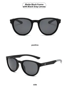 Detailed views of matte black TR90 polarized sunglasses with dark grey lenses and side logo