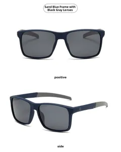 Detail view of matte blue square sunglasses with grey polarized lenses from two angles