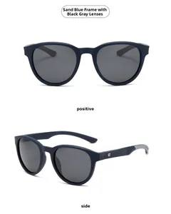 Front and side view of matte blue round polarized sunglasses with wave logo for men