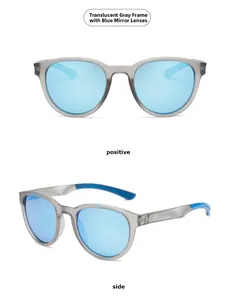 Translucent grey TR frame polarized sunglasses with blue mirrored lenses and side view