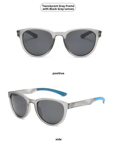 Matte grey round polarized sunglasses with blue non-slip temple pads and dark lenses