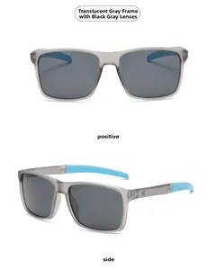 Front and side view of square polarized sunglasses with transparent grey frames