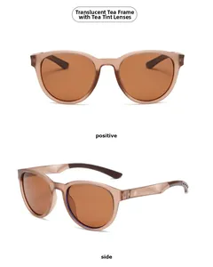Translucent tea-colored round polarized sunglasses with TR frames from front and side views