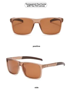 Macro view of transparent brown square sunglasses with polarized lenses from front and side
