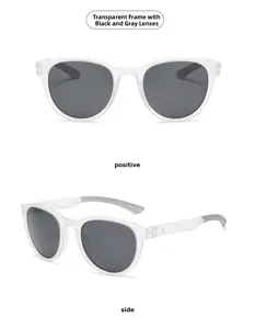 Detailed views of translucent matte TR frame polarized sunglasses with dark gray lenses