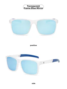 Square fashion sunglasses with transparent frames and blue mirrored polarized lenses