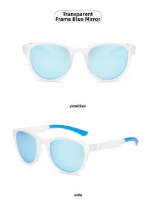 Detail of round TR polarized sunglasses featuring transparent frost frames and blue lenses