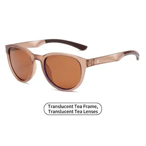 Trendy round polarized sunglasses in transparent tea frame with matching UV lenses