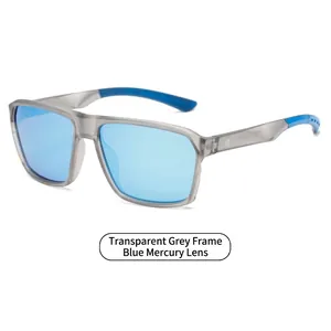Polarisierte TR-Sportsonnenbrille, transparenter grauer Rahmen mit blauer Verspiegelung