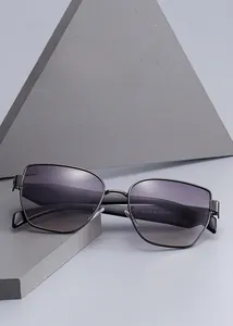 Detailed view of dark grey metal frame sunglasses with purple gradient lenses and H2415 specs